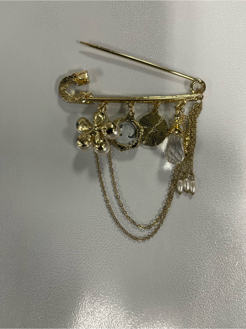 Gold Floral Charm Safety Pin Brooch with Crystal Drops